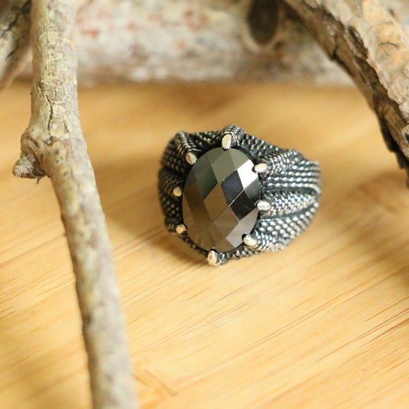 Sterling Silver Eagle Paws Men's Ring CZ Stone - Picture 5 of 8